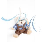 Plüschtier, Teddybär beige mit brauner Lederhose und Trachtenhemd weiss/ blau kariert 