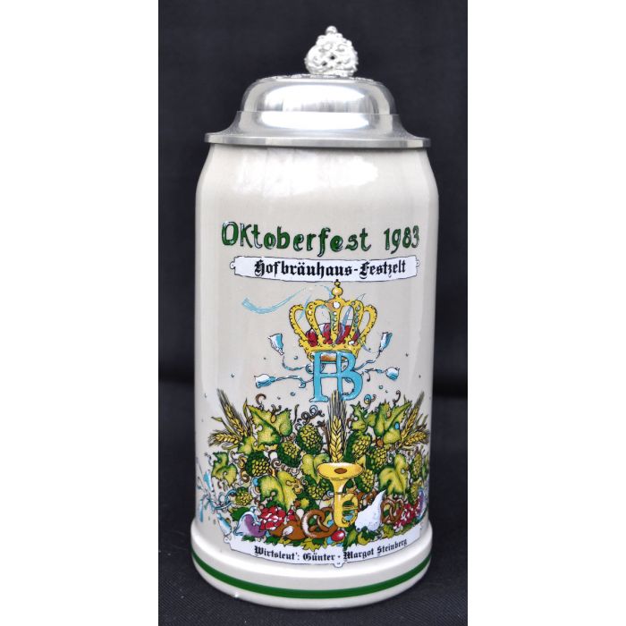 1983 Hofbräuhaus Oktoberfest München Festzelt Krug mit Zinndeckel