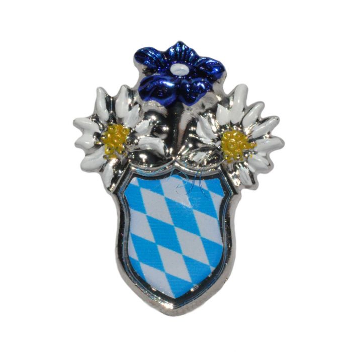 Pin Anstecker Souvenir Edelweis mit Wappen Bayern blau/weis Raute