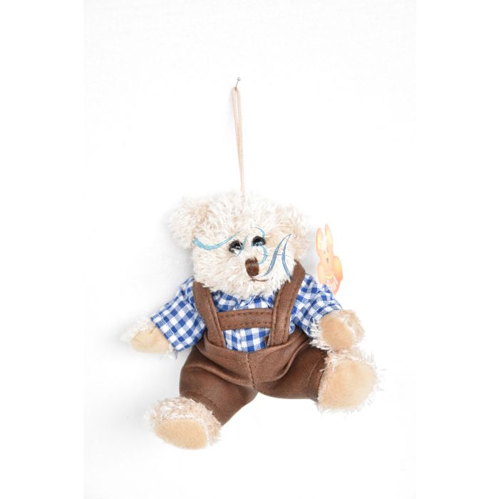 Plüschtier, Teddybär beige mit brauner Lederhose und Trachtenhemd weiss/ blau kariert 