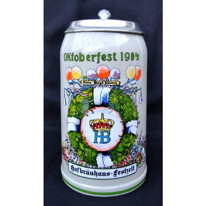 1984 Hofbräuhaus Oktoberfest München Festzelt Krug mit Zinndeckel
