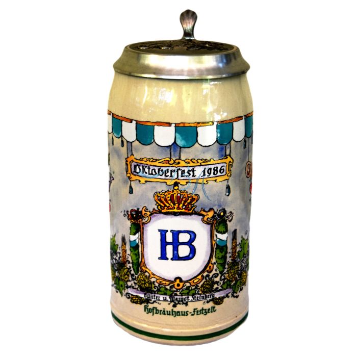 1986 Hofbräuhaus Oktoberfest München Festzelt Krug mit Zinndeckel