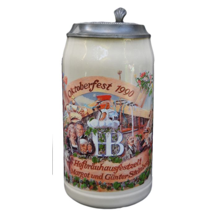 1990 Hofbräuhaus Oktoberfest München Festzelt Krug mit Zinndeckel