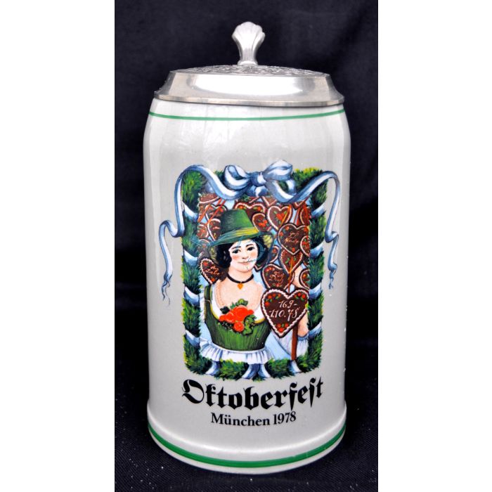 1978 - Offizieller Oktoberfestkrug Plakatmotiv, Jahrgangskrug, Wiesnkrug mit Zinndeckel