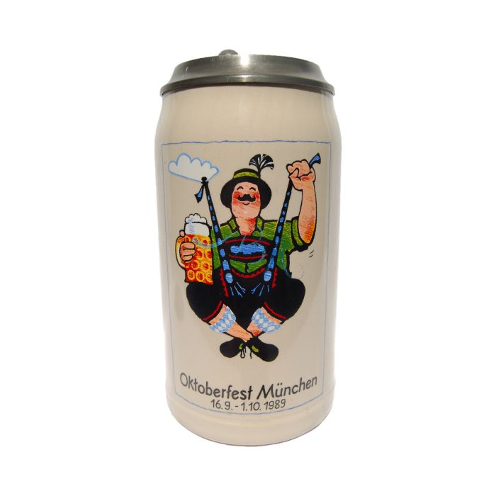 1989 - Offizieller Oktoberfestkrug mit Zinndeckel, Jahrgangskrug, Plakatmotiv