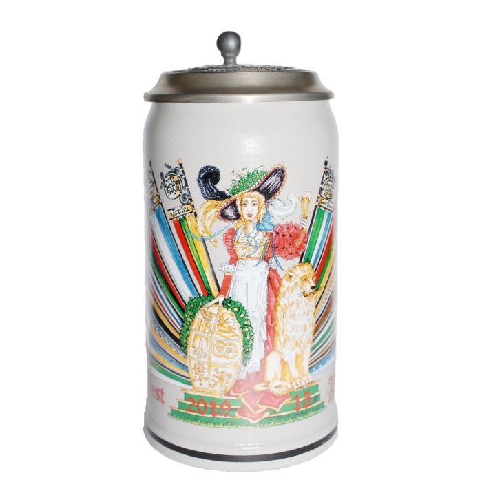 2019 - Wiesn Wirte Krug mit Zinndeckel, Brauereikrug, Bierkrug, Steinkrug, Oktoberfestkrug