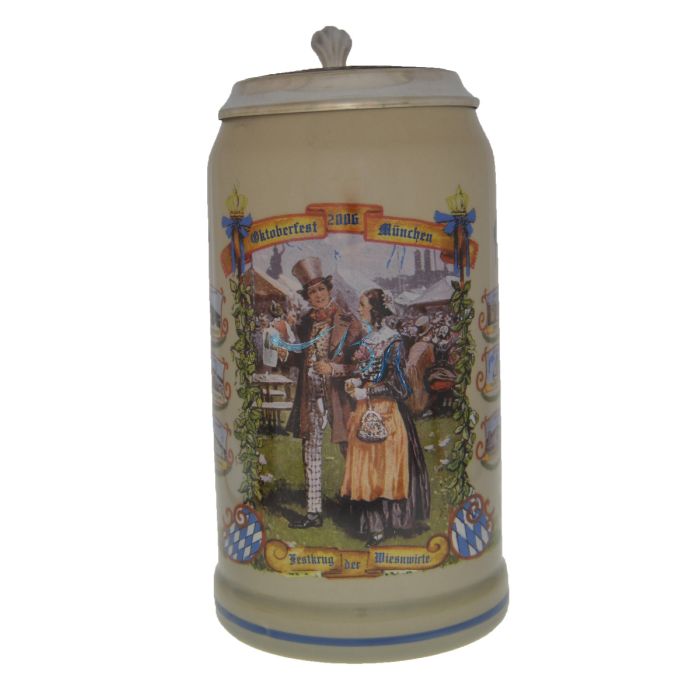 2006 - Wiesn Wirte Krug mit Zinndeckel, Brauereikrug, Bierkrug, Steinkrug, Oktoberfestkrug