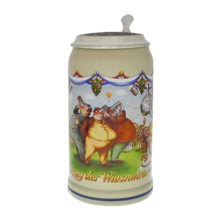 2009 - Wiesn Wirte Krug mit Zinndeckel, Brauereikrug, Bierkrug, Steinkrug, Oktoberfestkrug