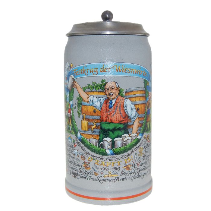 2013 - Wiesn Wirte Krug mit Zinndeckel, Brauereikrug, Bierkrug, Steinkrug, Oktoberfestkrug